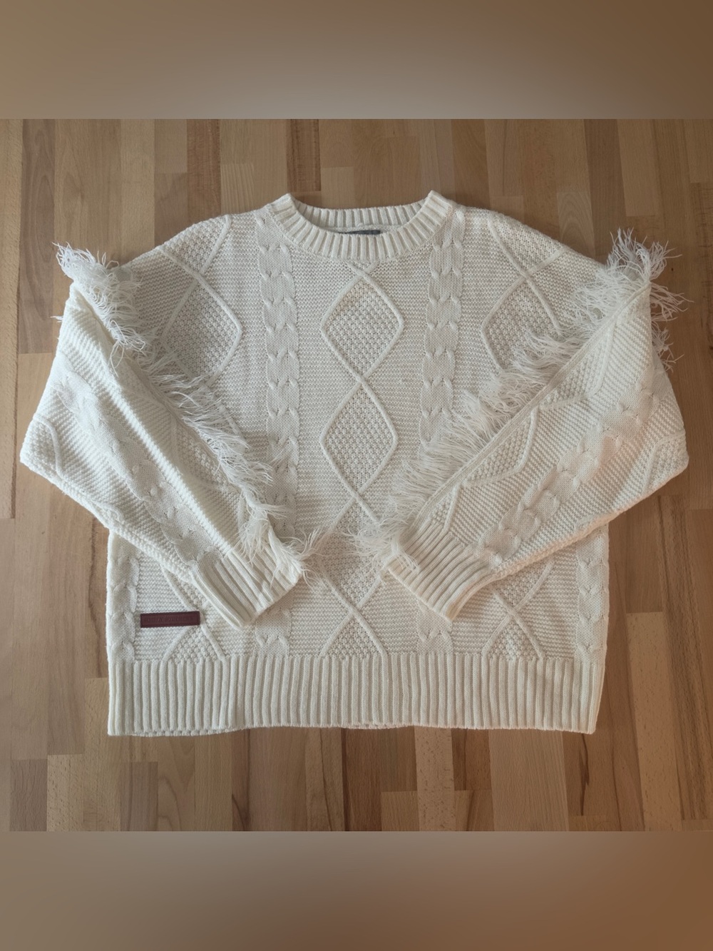 Simply Southern White Fringe Sleeves Cable Knit Sweater